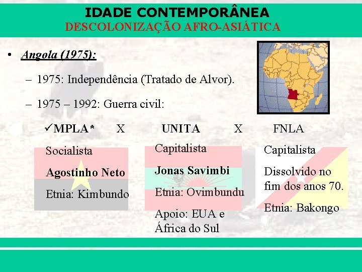 IDADE CONTEMPOR NEA DESCOLONIZAÇÃO AFRO-ASIÁTICA • Angola (1975): – 1975: Independência (Tratado de Alvor).