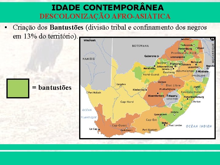 IDADE CONTEMPOR NEA DESCOLONIZAÇÃO AFRO-ASIÁTICA • Criação dos Bantustões (divisão tribal e confinamento dos