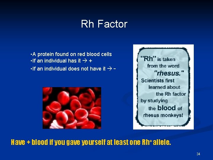 Rh Factor • A protein found on red blood cells • If an individual