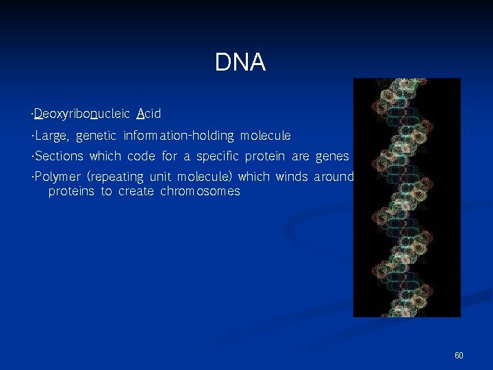 DNA • Deoxyribonucleic Acid • Large, genetic information-holding molecule • Sections which code for