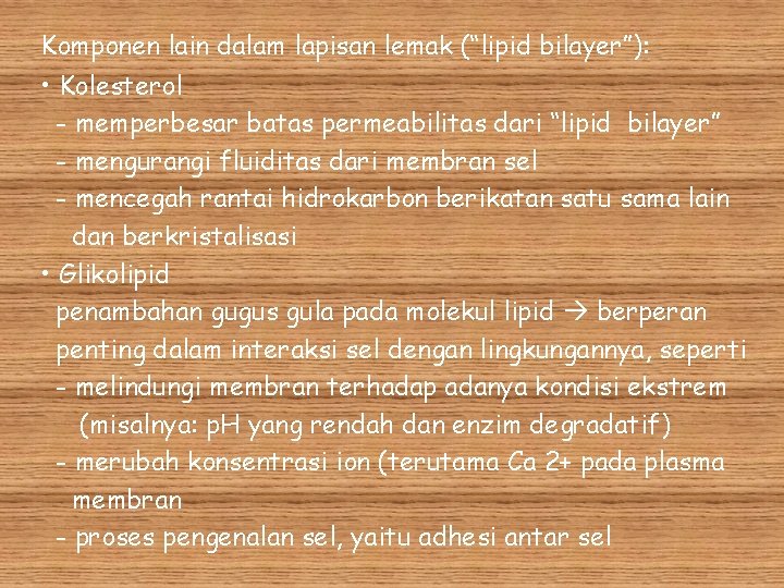 Komponen lain dalam lapisan lemak (“lipid bilayer”): • Kolesterol - memperbesar batas permeabilitas dari