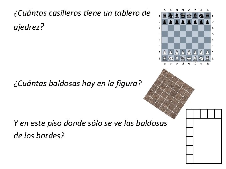 ¿Cuántos casilleros tiene un tablero de ajedrez? ¿Cuántas baldosas hay en la figura? Y