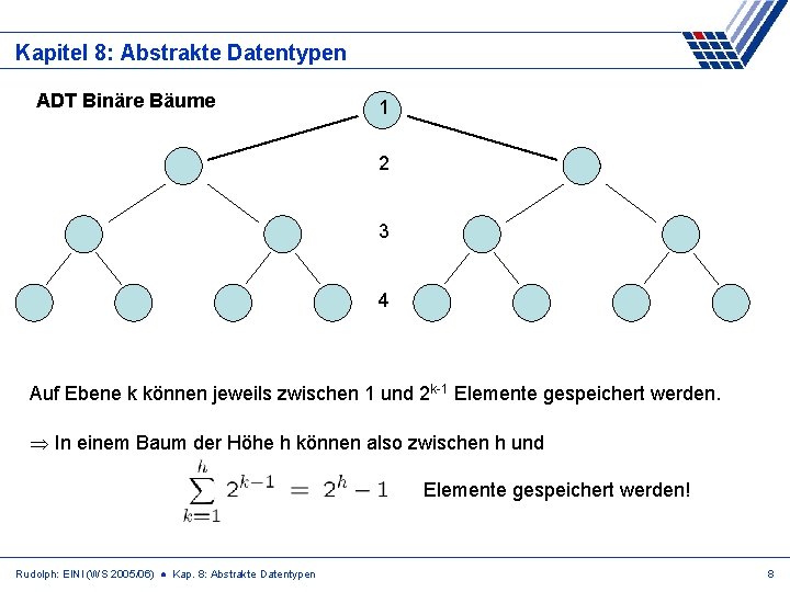 Kapitel 8: Abstrakte Datentypen ADT Binäre Bäume 1 2 3 4 Auf Ebene k