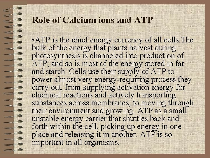 Role of Calcium ions and ATP • ATP is the chief energy currency of