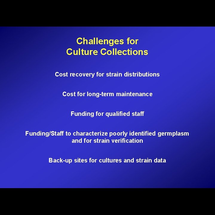 Challenges for Culture Collections Cost recovery for strain distributions Cost for long-term maintenance Funding