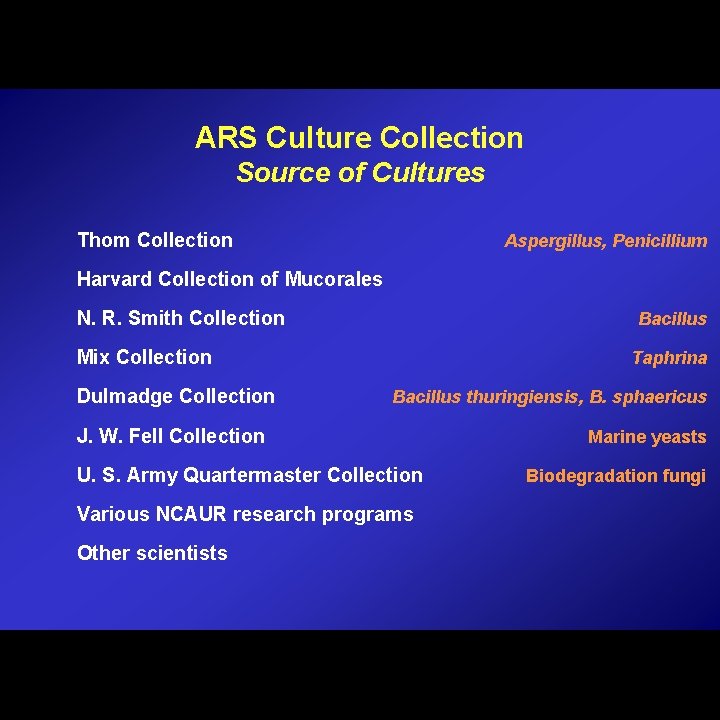 ARS Culture Collection Source of Cultures Thom Collection Aspergillus, Penicillium Harvard Collection of Mucorales