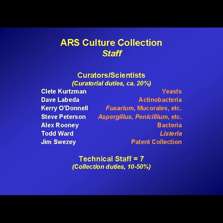 ARS Culture Collection Staff Curators/Scientists (Curatorial duties, ca. 20%) Clete Kurtzman Yeasts Dave Labeda