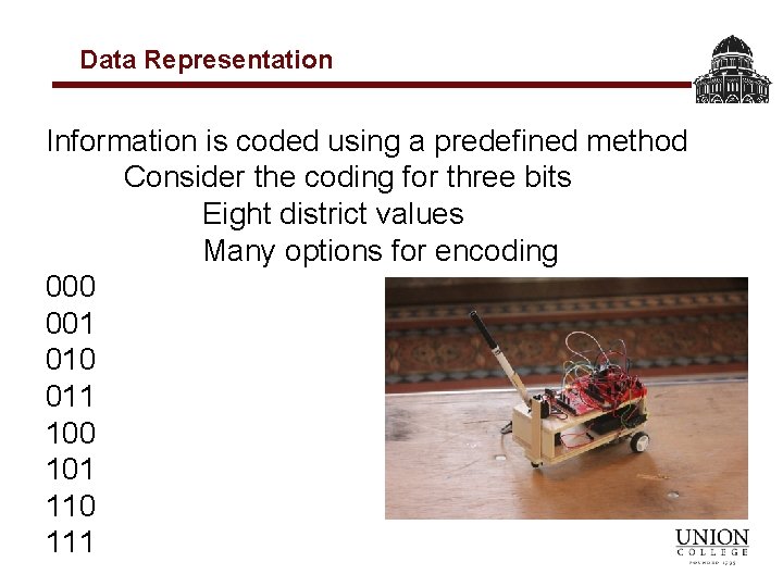Data Representation Information is coded using a predefined method Consider the coding for three