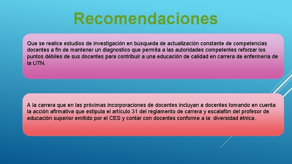 Recomendaciones Que se realice estudios de investigación en búsqueda de actualización constante de competencias