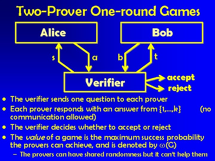 Two-Prover One-round Games Alice s Bob a b Verifier t accept reject • The