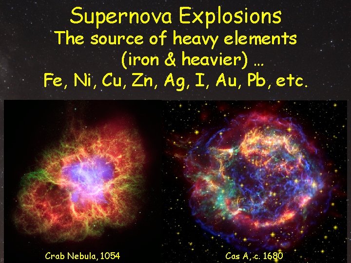 Supernova Explosions The source of heavy elements (iron & heavier) … Fe, Ni, Cu, Supernova Explosions The source of heavy elements (iron & heavier) … Fe, Ni, Cu,