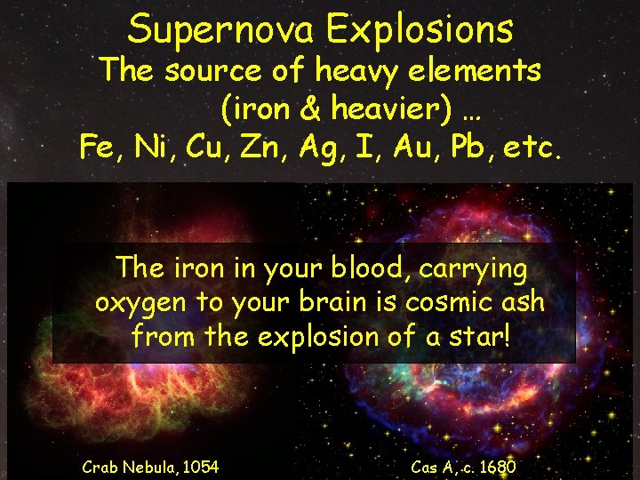 Supernova Explosions The source of heavy elements (iron & heavier) … Fe, Ni, Cu, Supernova Explosions The source of heavy elements (iron & heavier) … Fe, Ni, Cu,