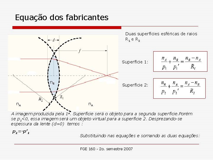 Equação dos fabricantes Duas superfícies esféricas de raios R 1 e R 2 Superfície