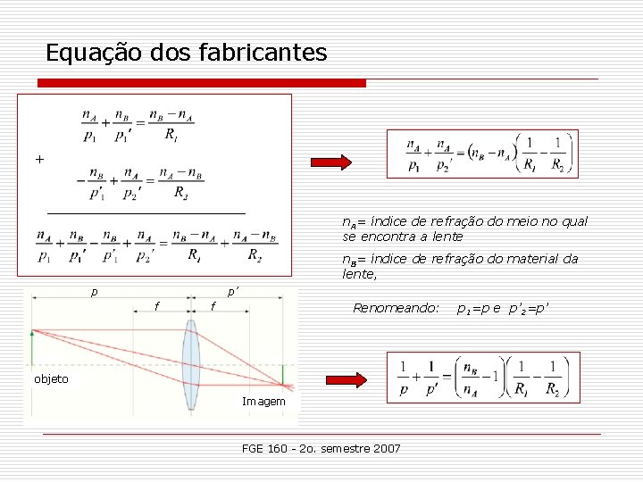 Equação dos fabricantes + n. A= índice de refração do meio no qual se