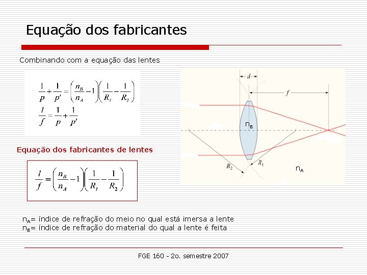 Equação dos fabricantes Combinando com a equação das lentes n. B Equação dos fabricantes