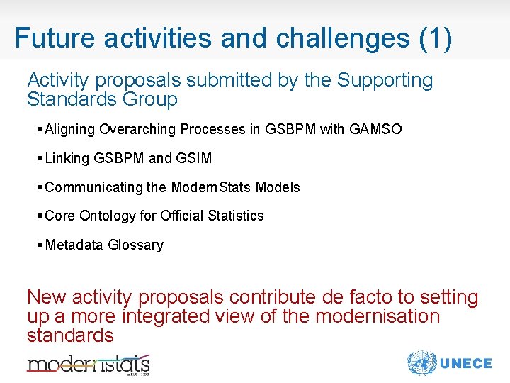 Future activities and challenges (1) Activity proposals submitted by the Supporting Standards Group §