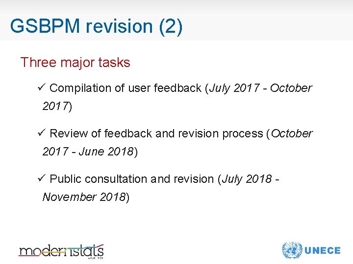 GSBPM revision (2) Three major tasks ü Compilation of user feedback (July 2017 -