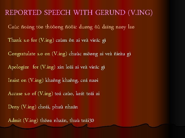 REPORTED SPEECH WITH GERUND (V. ING) Caùc ñoäng töø thöôøng ñöôïc duøng ôû daïng REPORTED SPEECH WITH GERUND (V. ING) Caùc ñoäng töø thöôøng ñöôïc duøng ôû daïng