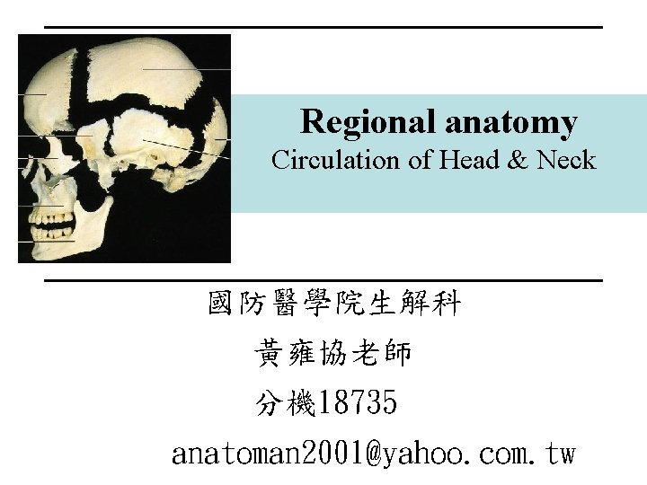 Regional anatomy Circulation of Head & Neck 國防醫學院生解科 黃雍協老師 分機 18735 anatoman 2001@yahoo. com.