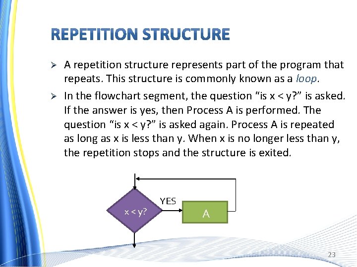 Ø Ø A repetition structure represents part of the program that repeats. This structure