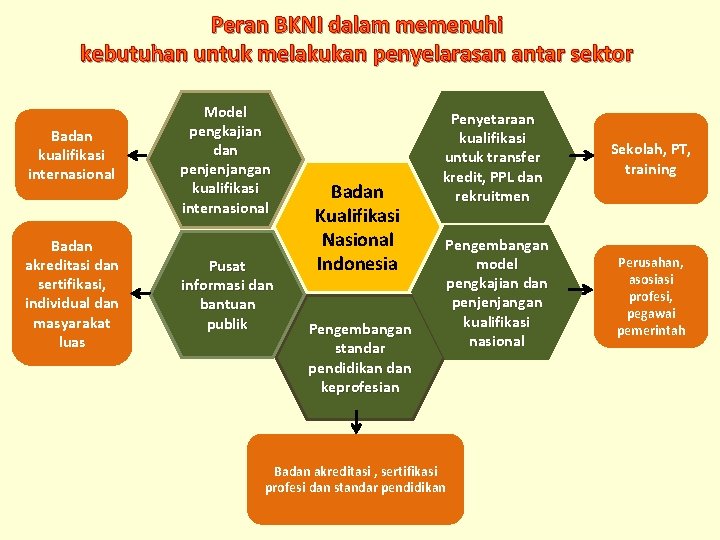 Peran BKNI dalam memenuhi kebutuhan untuk melakukan penyelarasan antar sektor Badan kualifikasi internasional Badan