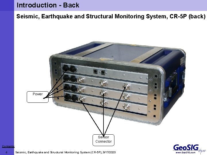 Introduction - Back Seismic, Earthquake and Structural Monitoring System, CR-5 P (back) Power Sensor