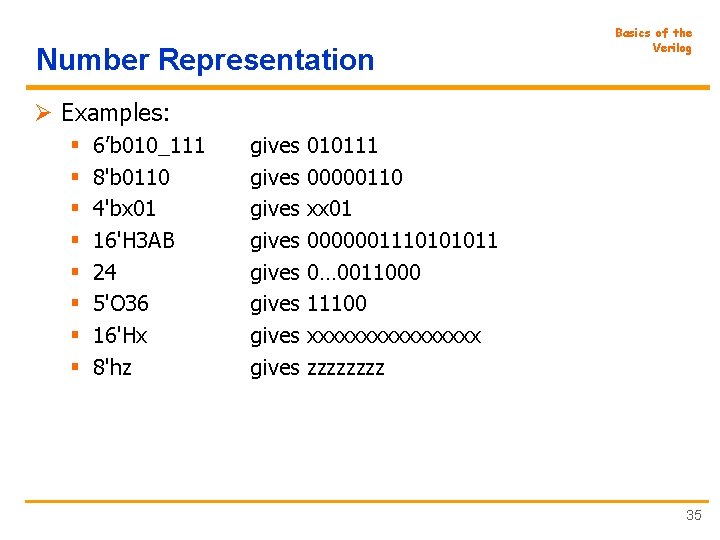 Number Representation Basics of the Verilog Ø Examples: § § § § 6’b 010_111