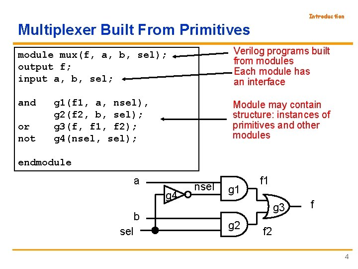 Introduction Multiplexer Built From Primitives module mux(f, a, b, sel); output f; input a,