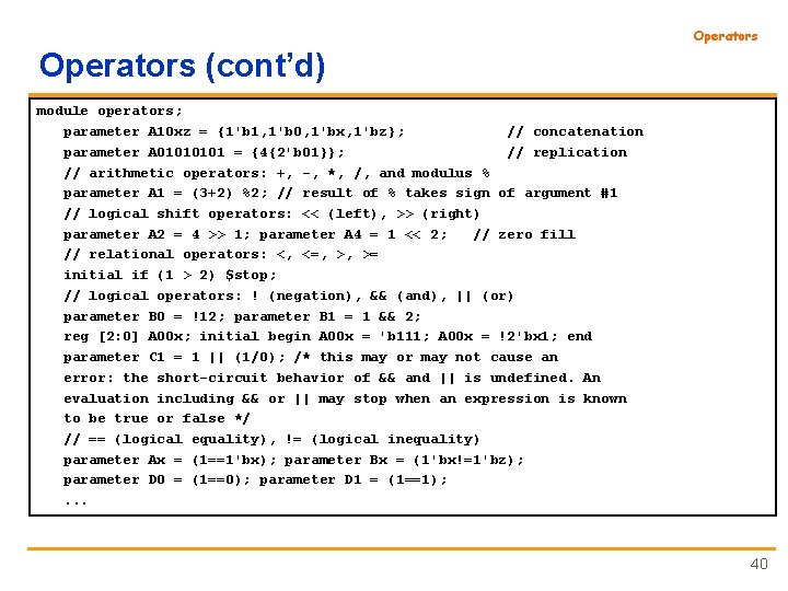 Operators (cont’d) module operators; parameter A 10 xz = {1'b 1, 1'b 0, 1'bx,