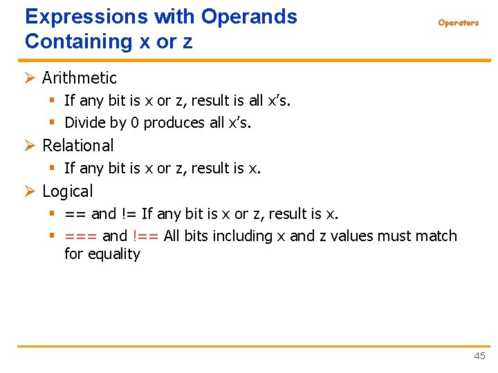 Expressions with Operands Containing x or z Operators Ø Arithmetic § If any bit