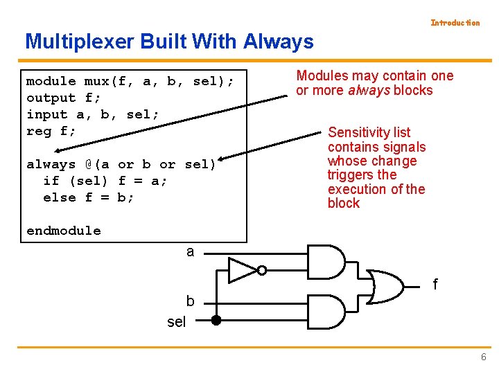 Introduction Multiplexer Built With Always module mux(f, a, b, sel); output f; input a,