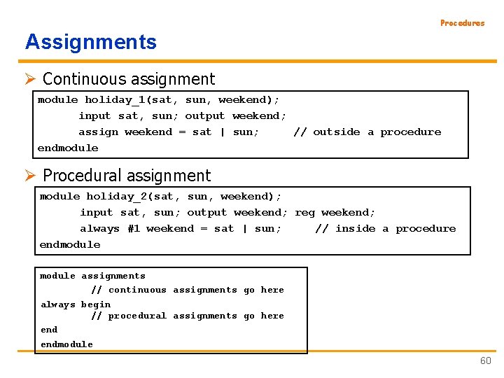Procedures Assignments Ø Continuous assignment module holiday_1(sat, sun, weekend); input sat, sun; output weekend;