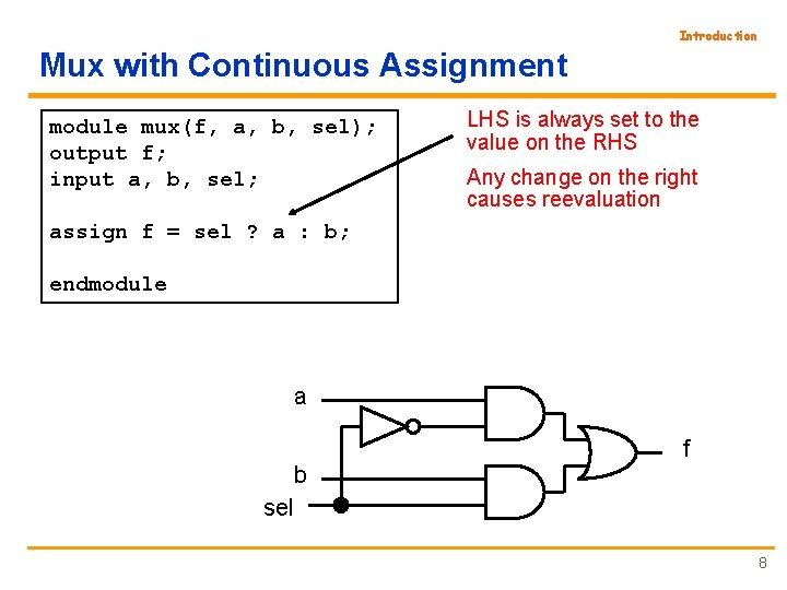 Introduction Mux with Continuous Assignment module mux(f, a, b, sel); output f; input a,