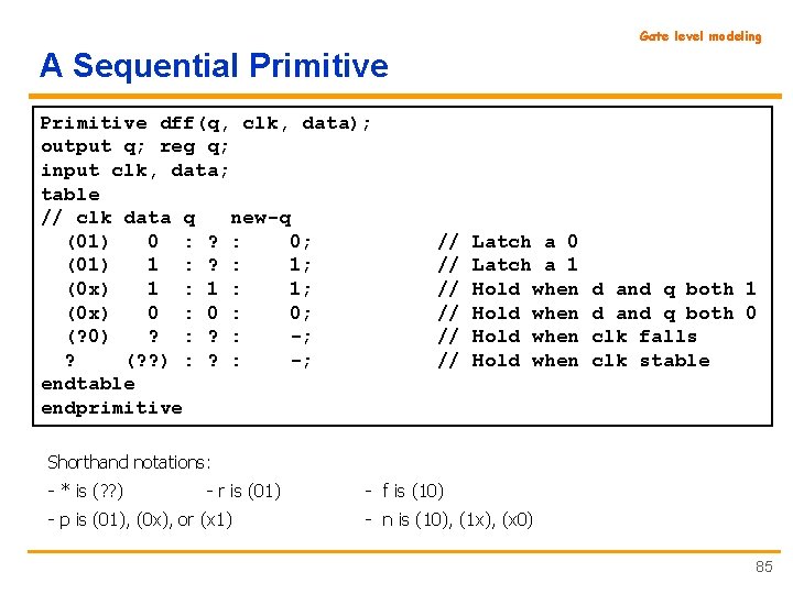 Gate level modeling A Sequential Primitive dff(q, clk, data); output q; reg q; input