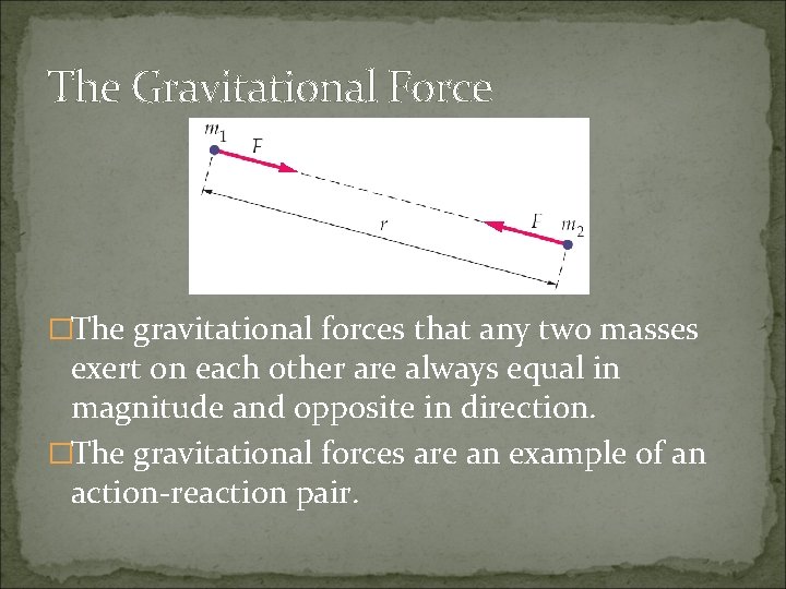 The Gravitational Force �The gravitational forces that any two masses exert on each other