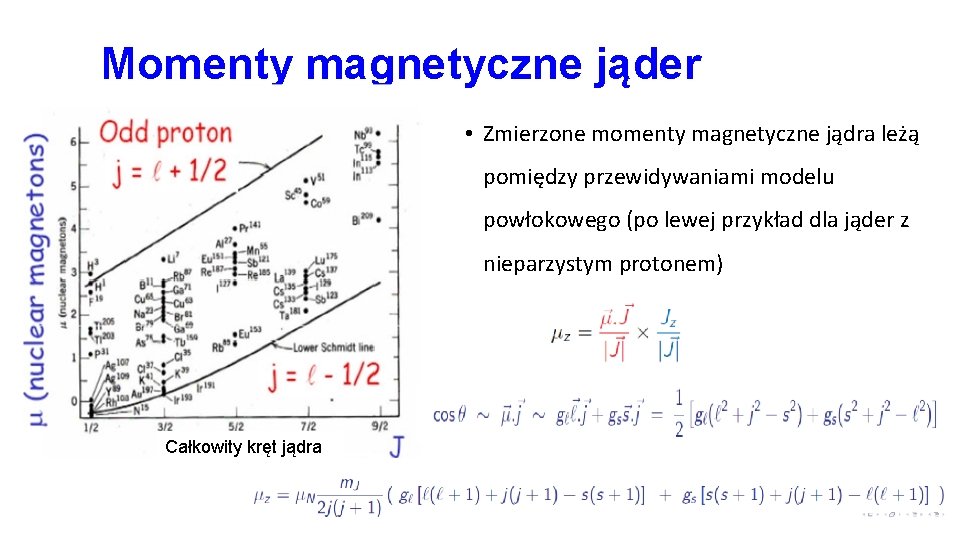 Momenty magnetyczne jąder • Zmierzone momenty magnetyczne jądra leżą pomiędzy przewidywaniami modelu powłokowego (po