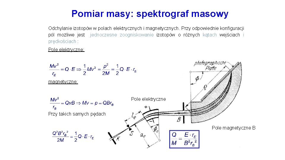  Pomiar masy: spektrograf masowy Odchylanie izotopów w polach elektrycznych i magnetycznych. Przy odpowiednie