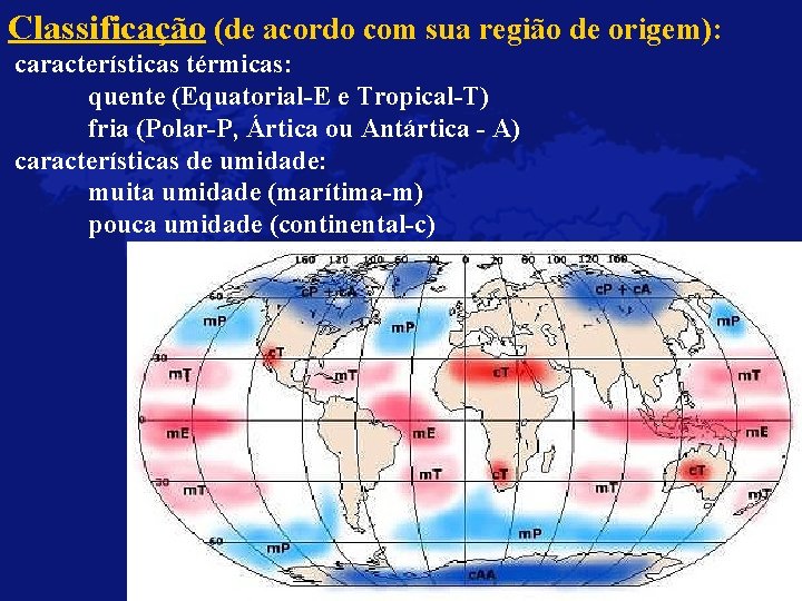 Classificação (de acordo com sua região de origem): características térmicas: quente (Equatorial-E e Tropical-T)