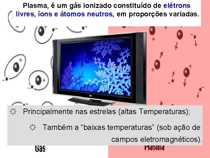 Plasma, é um gás ionizado constituído de elétrons livres, íons e átomos neutros, em