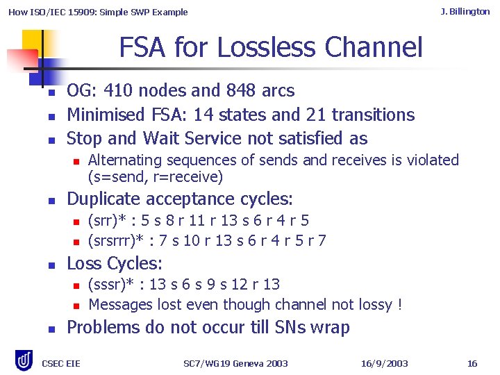 J. Billington How ISO/IEC 15909: Simple SWP Example FSA for Lossless Channel n n J. Billington How ISO/IEC 15909: Simple SWP Example FSA for Lossless Channel n n
