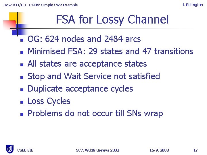 J. Billington How ISO/IEC 15909: Simple SWP Example FSA for Lossy Channel n n J. Billington How ISO/IEC 15909: Simple SWP Example FSA for Lossy Channel n n