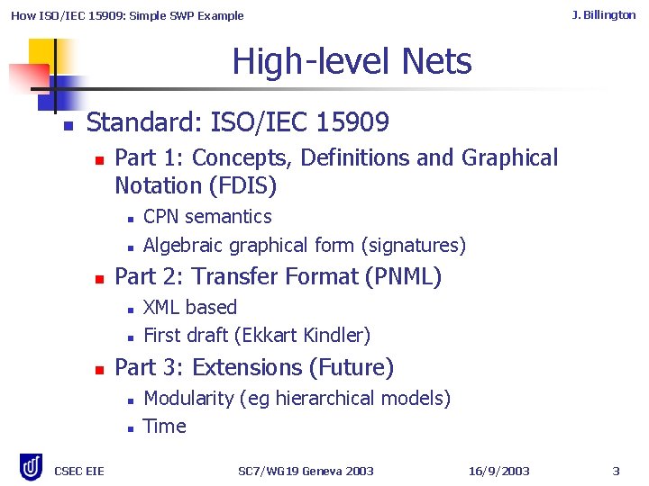 J. Billington How ISO/IEC 15909: Simple SWP Example High-level Nets n Standard: ISO/IEC 15909 J. Billington How ISO/IEC 15909: Simple SWP Example High-level Nets n Standard: ISO/IEC 15909
