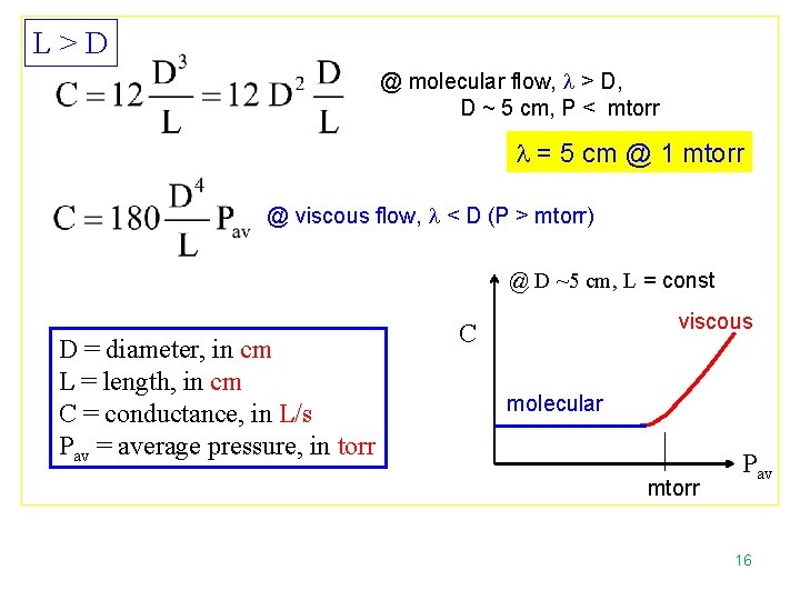 L>D @ molecular flow, l > D, D ~ 5 cm, P < mtorr
