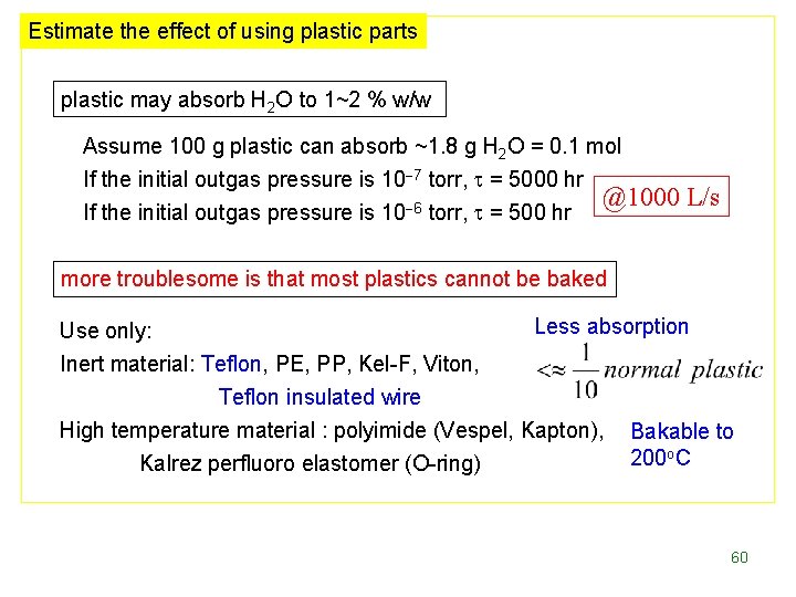 Estimate the effect of using plastic parts plastic may absorb H 2 O to