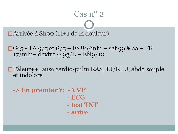 Cas n° 2 �Arrivée à 8 h 00 (H+1 de la douleur) �G 15