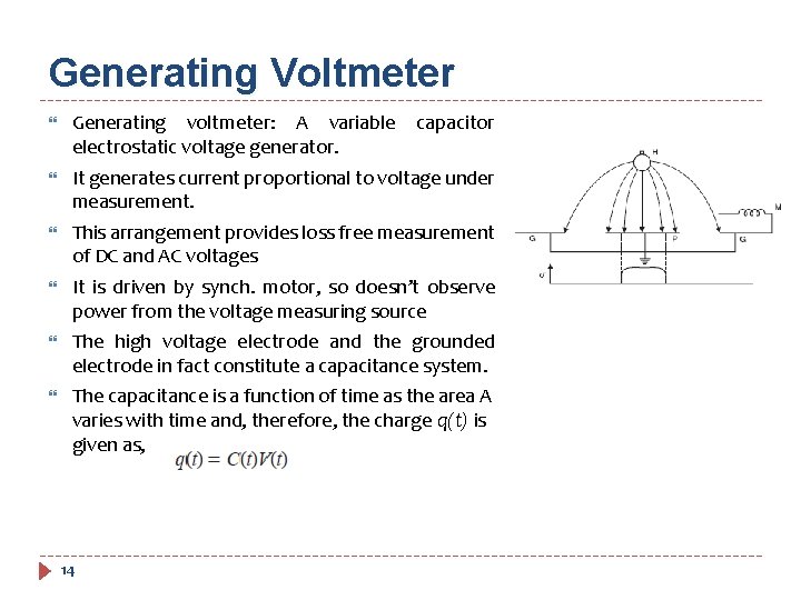 Generating Voltmeter Generating voltmeter: A variable electrostatic voltage generator. It generates current proportional to