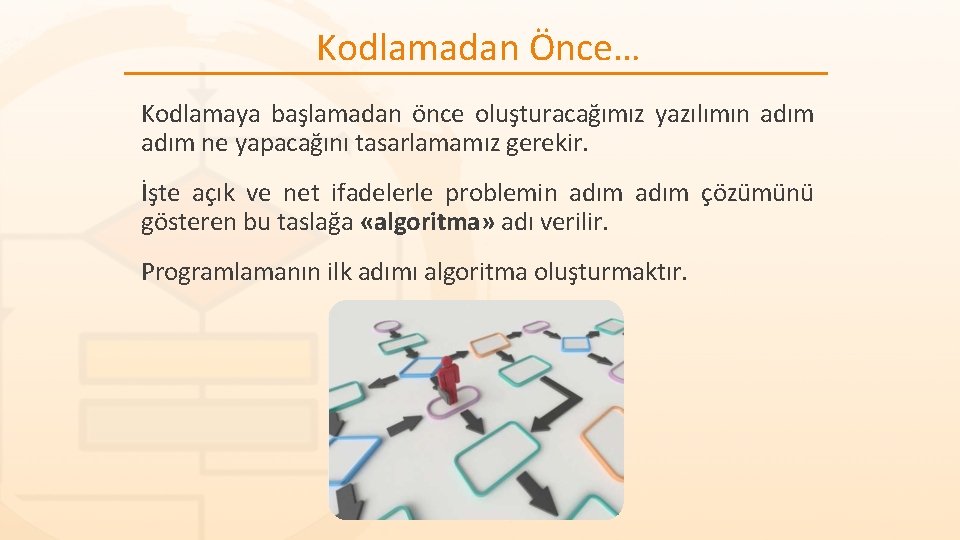 Kodlamadan Önce… Kodlamaya başlamadan önce oluşturacağımız yazılımın adım ne yapacağını tasarlamamız gerekir. İşte açık Kodlamadan Önce… Kodlamaya başlamadan önce oluşturacağımız yazılımın adım ne yapacağını tasarlamamız gerekir. İşte açık