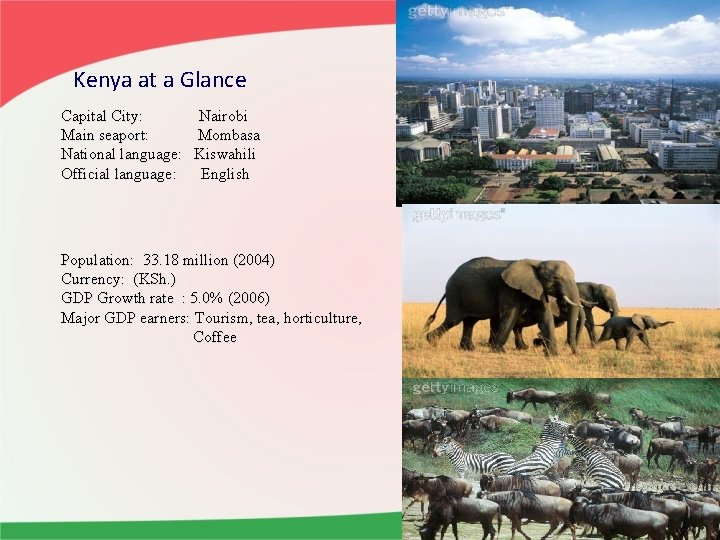 Kenya at a Glance Capital City: Nairobi Main seaport: Mombasa National language: Kiswahili Official