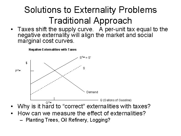 Solutions to Externality Problems Traditional Approach • Taxes shift the supply curve. A per-unit
