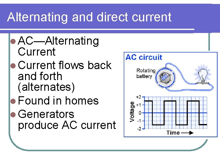 Alternating and direct current l AC—Alternating Current l Current flows back and forth (alternates)